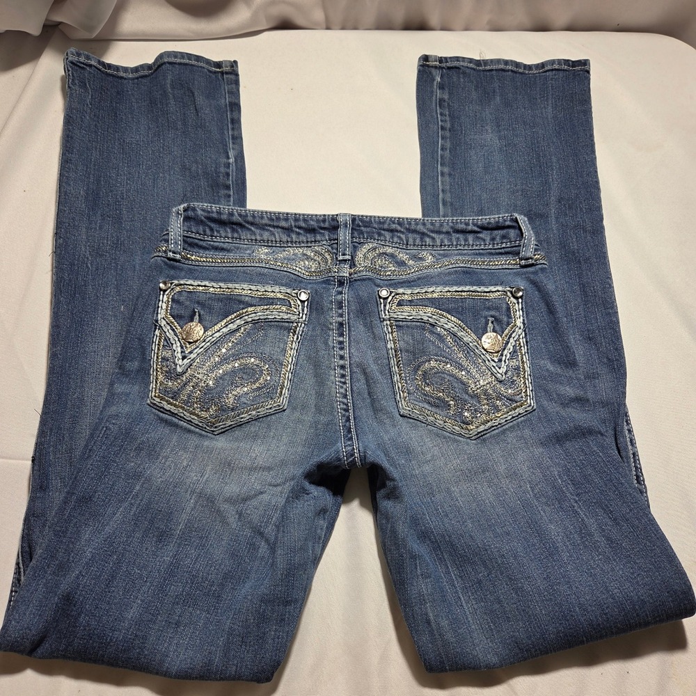 Rock 47 by Wrangler Ultra Low Rise Bootcut Jeans Blue Embroidered 3/4x34 WHX23DA